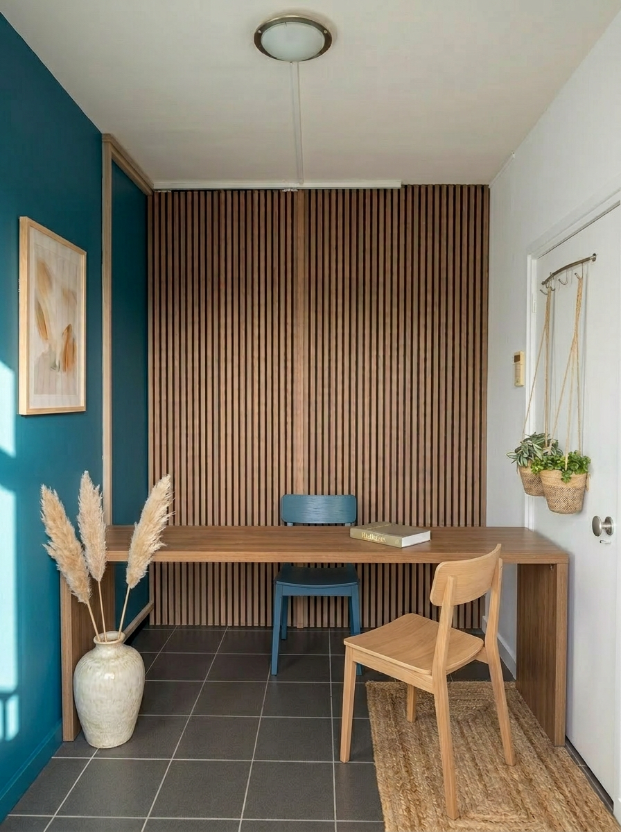 Houten lamellenwand in de praktijkruimte